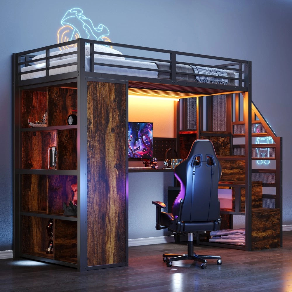 Letto a Soppalco con Armadio, Scrivania LED e Cassetti ¨C Xylo ¨C 90x200, Nero