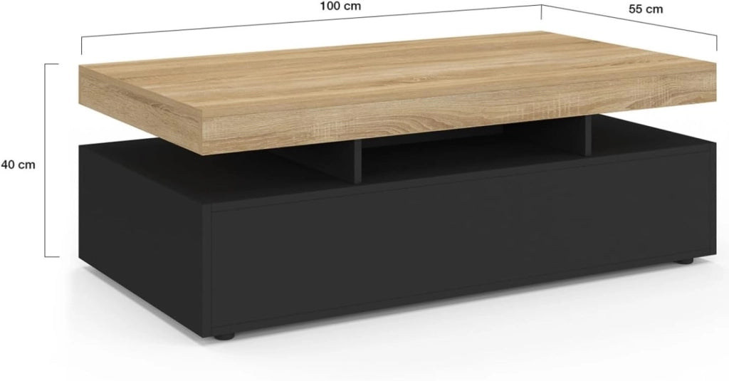 Tavolino rettangolare a 2 cassetti ELSA in legno nero con piano in faggio