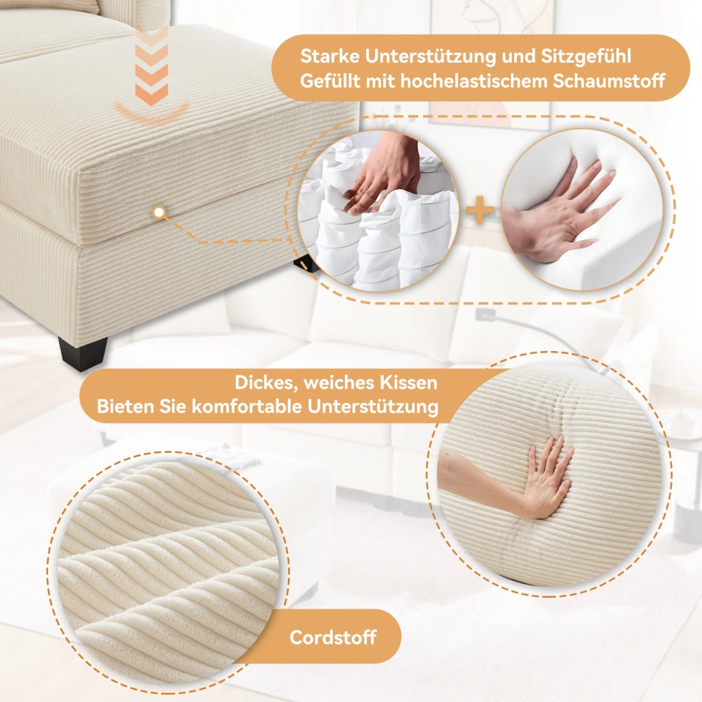 Divano angolare reversibile 3 posti con ricarica USB, ripiano bracciolo, 2 cuscini, velluto a coste Beige