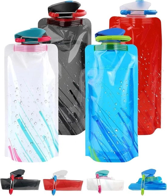Set di 4 borracce pieghevoli per viaggi - 700 ml borracchina pieghevole - con tappo ermetico - trasportabile - riciclabile - borracchina - per escursioni, sport, campeggio e bicicletta