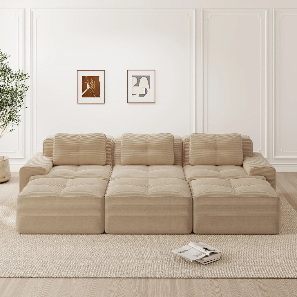 Divano Angolare Modulare 3 Posti con Letto ¨C MINIMAL ¨C Tessuto a Coste Beige con Pouf