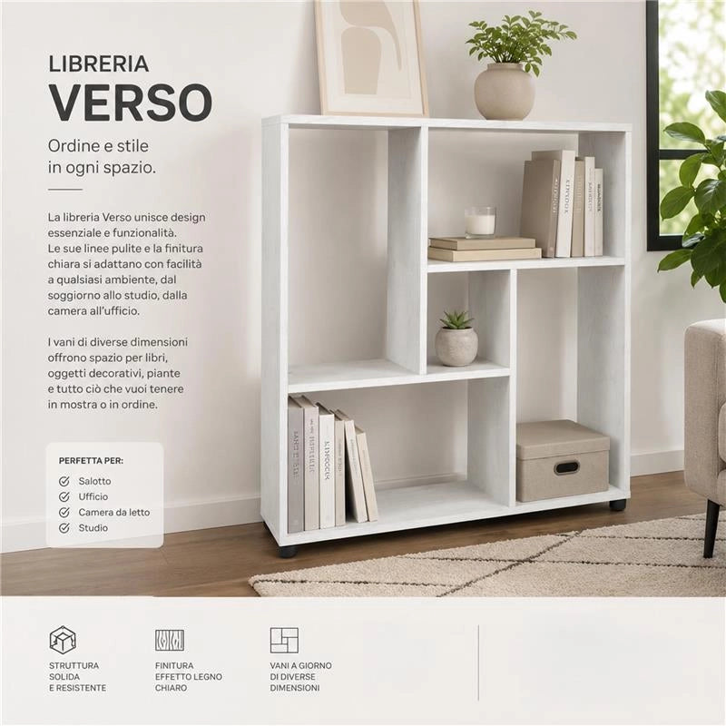 LIBRERIA IN LEGNO BIANCO MODERNA CON CINQUE RIPIANI SFALSATI DIMENSIONI  80X24X82,5 CM