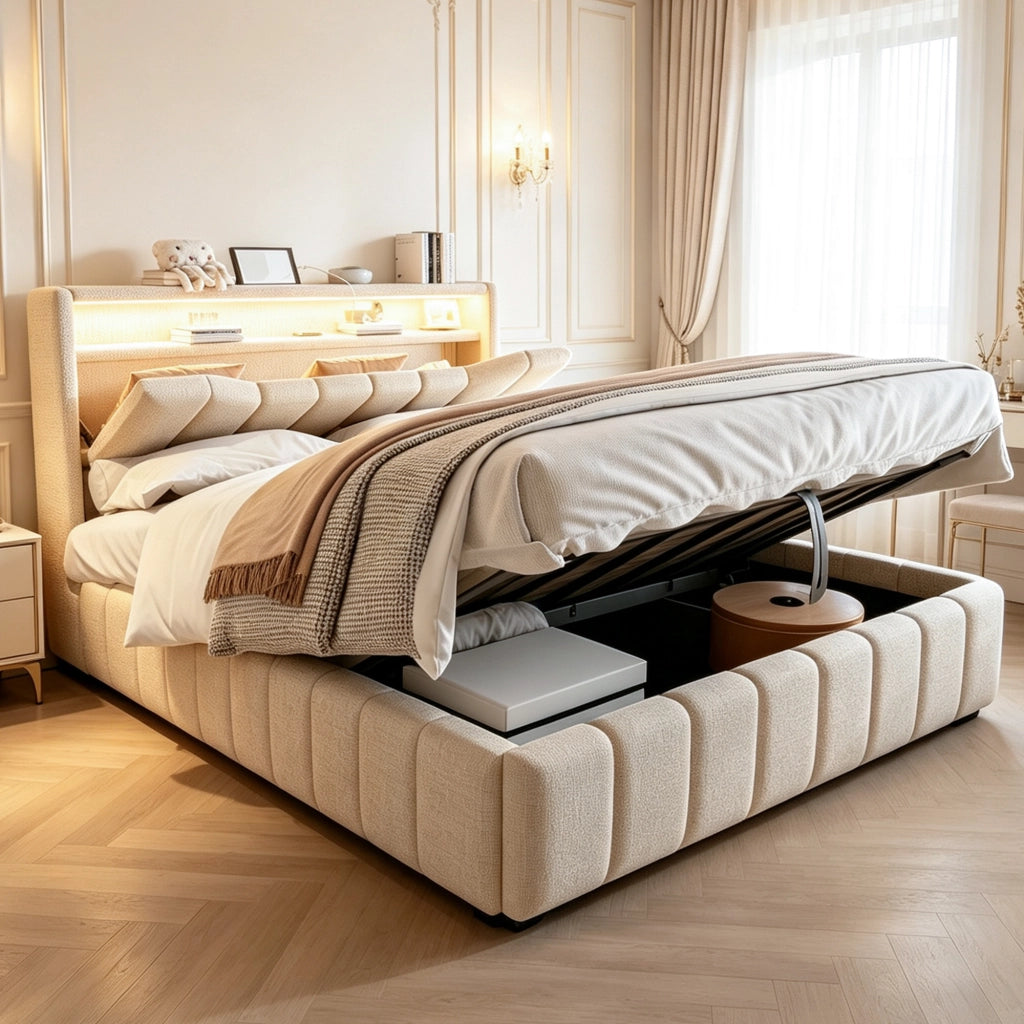 Letto contenitore 140 × 200 cm con sollevamento idraulico testiera LED USB e USB-C rivestito in tessuto beige