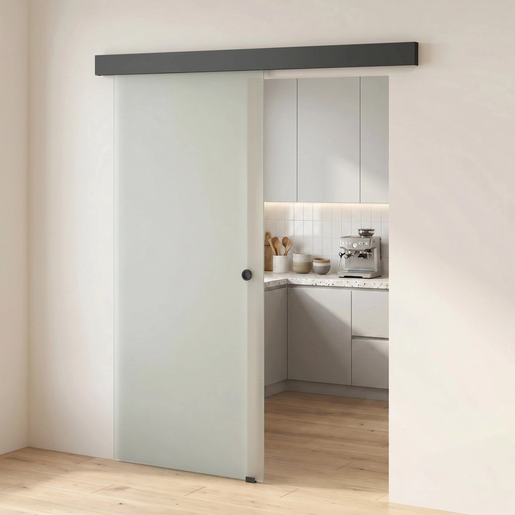 Porta Scorrevole 77,5x205 cm con Binario Silenzioso e Guida in Vetro Temperato Sabbiato Trasparente