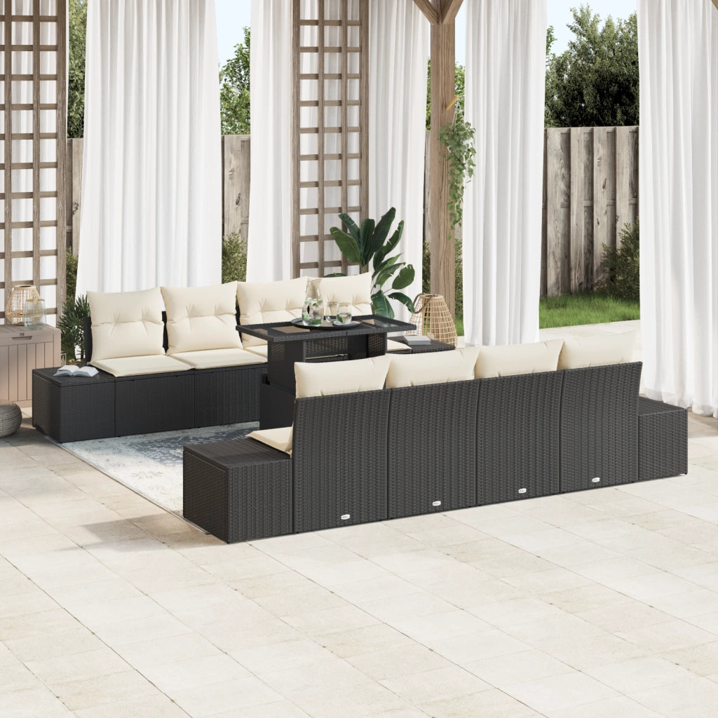 Set Divano da Giardino 9 Pezzi con Cuscini Nero Rattan Poliestere