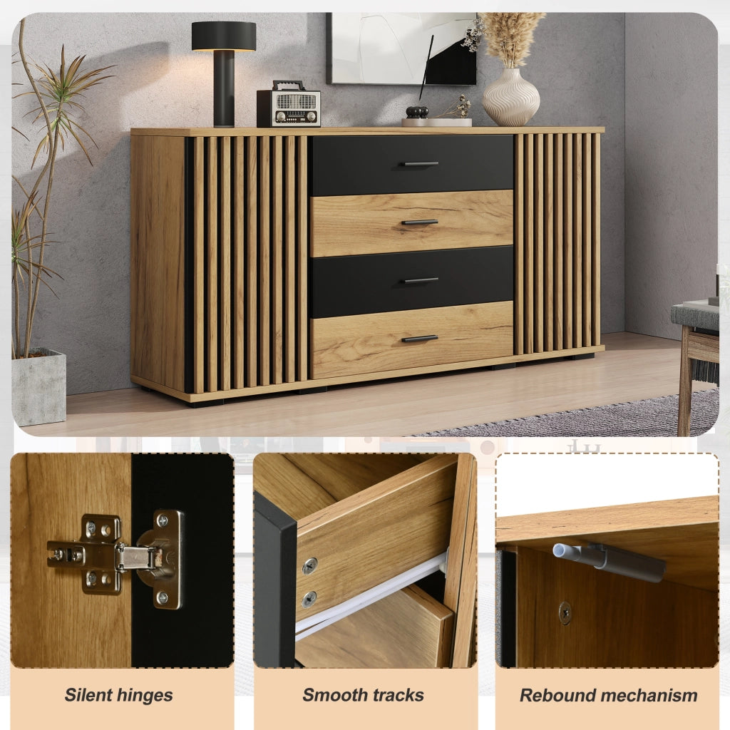 Credenza 140x35x70 cm Mobile Buffet 4 Cassetti e 2 Ante in MDF Rovere e Nero