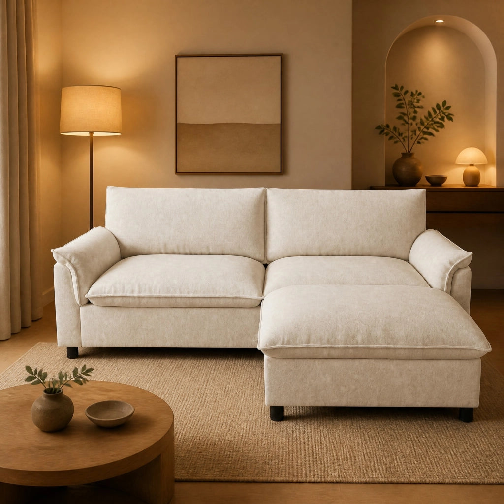 Divano modulare a sezione tipo cloud in Chenille beige con pouf mobile e contenitore