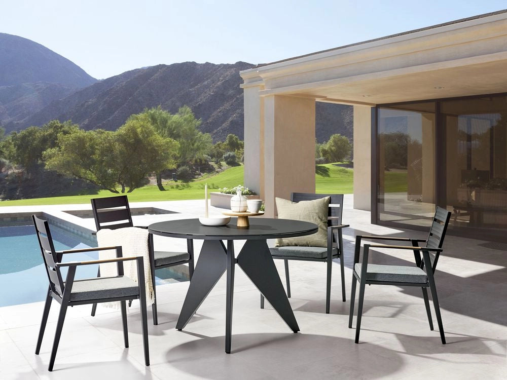 Set di mobili da esterno tavolo rotondo da pranzo nero 110 cm in alluminio e legno sintetico 4 sedie cuscini grigi