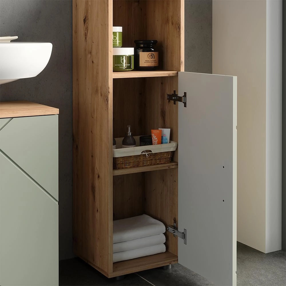 mobiletto bagno Irma, Verde salvia, 30 x 95 cm, Ideale per spazi piccoli e nicchie strette