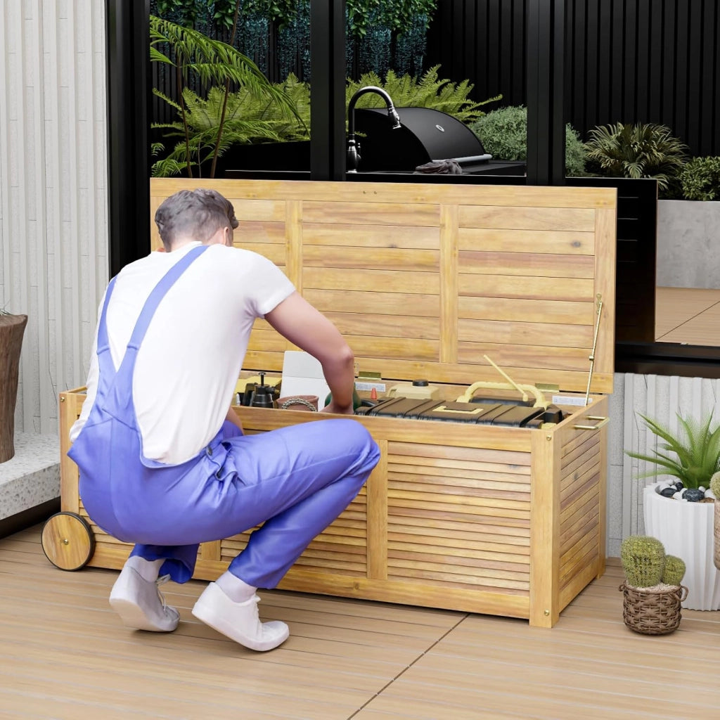 Contenitore per cuscini in legno di acacia, 182 l, con ruote, con tasca interna, cassapanca da giardino con manico, 127 x 50 x 45 cm