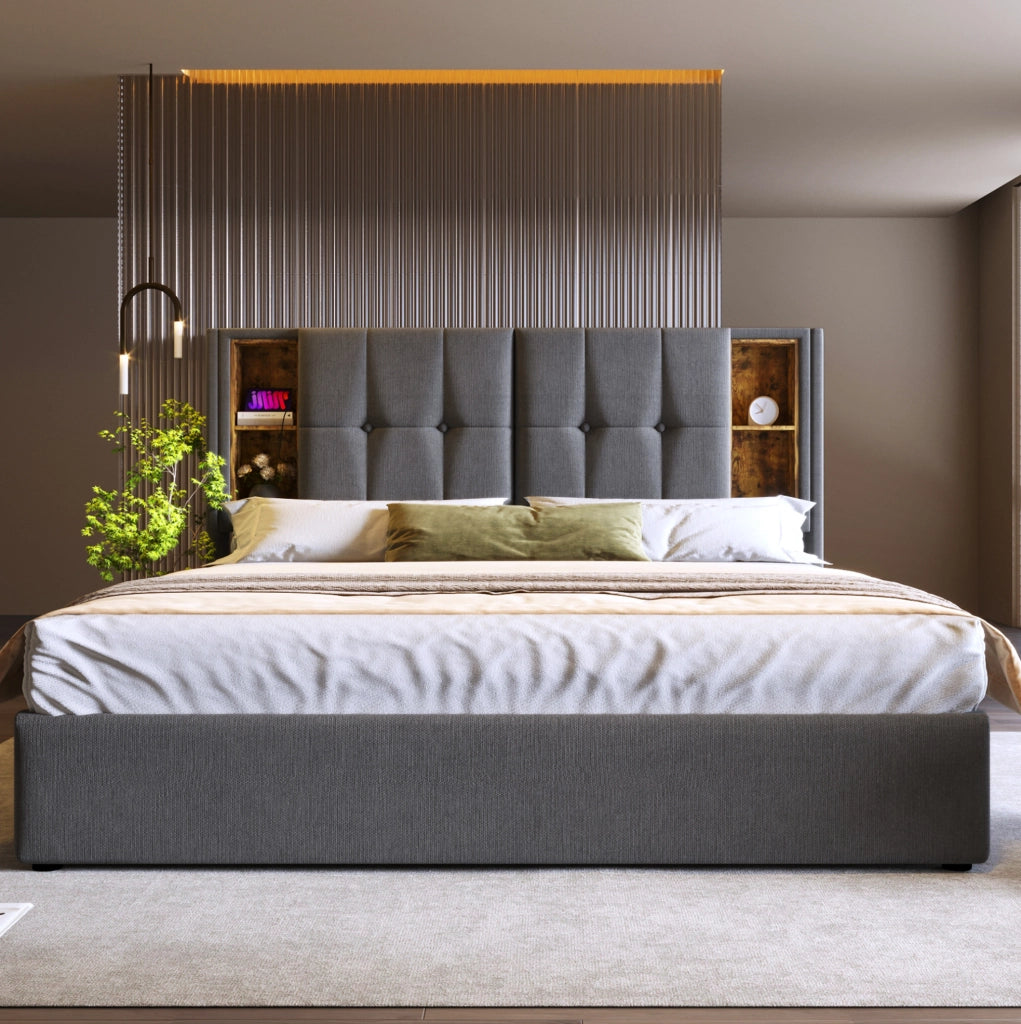 Letto matrimoniale imbottito con contenitore, ricarica wireless e USB, grigio 180 x 200 cm