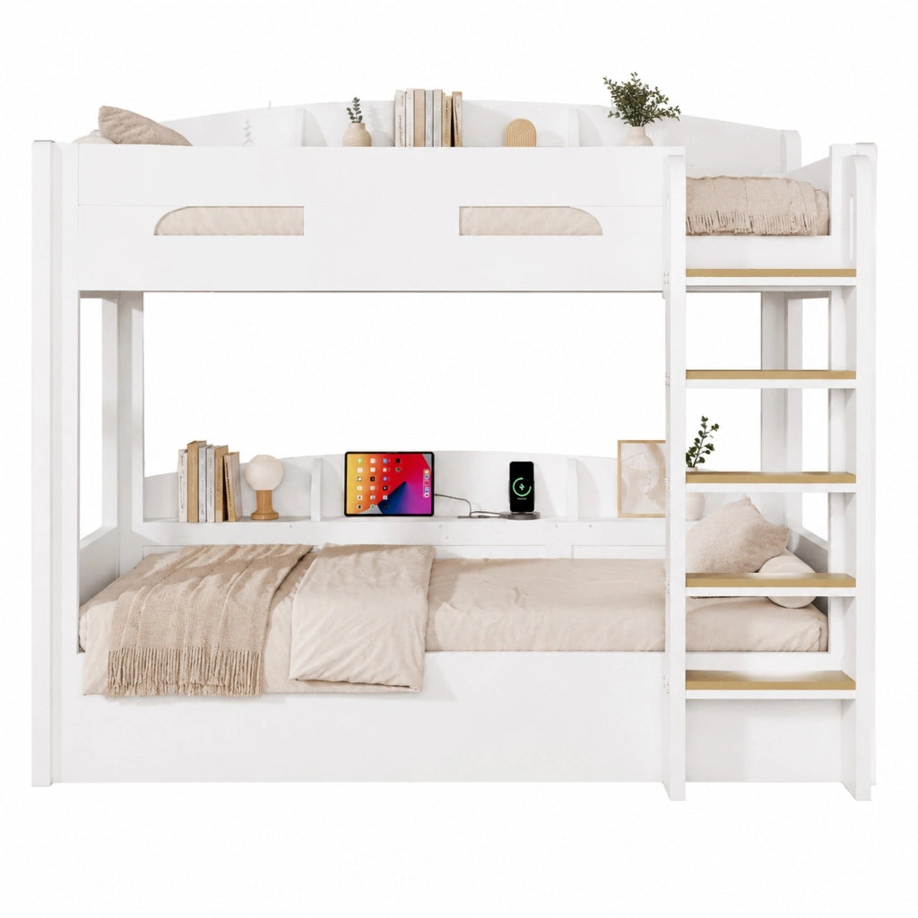 Letto a castello 90x200 cm con presa USB e ripiani laterali in legno bianco