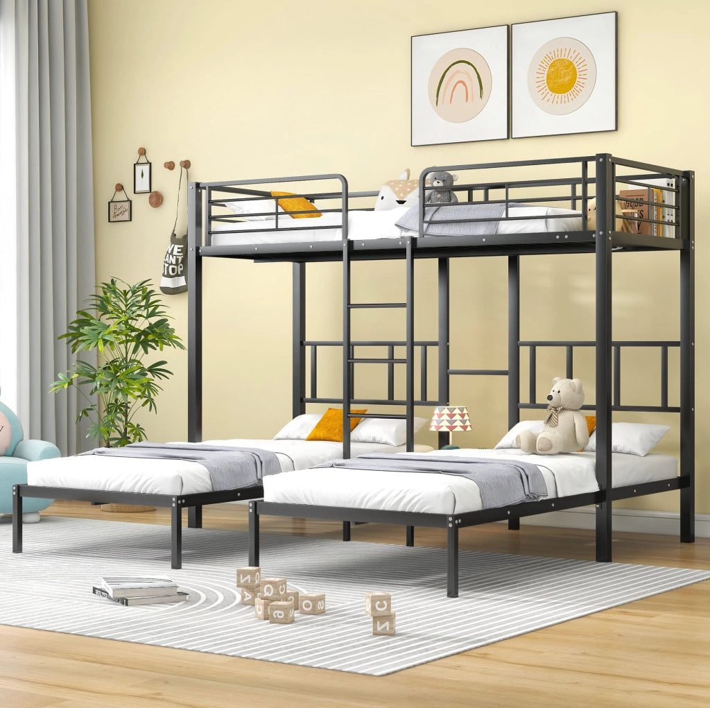 Letto a castello triplo in metallo con scala e tavolo; nero; per materassi 90x200 cm