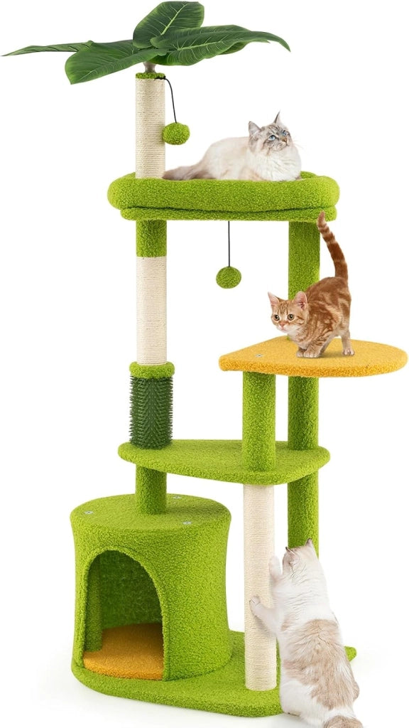 Albero per Gatti, Tiragraffi per Gattini a Tema Foresta con Foglie Artificiali, Condominio, Postazione Imbottita, Pali per Graffiare in Sisal e Pompom, Albero Tiragraffi per Gatti da Interno