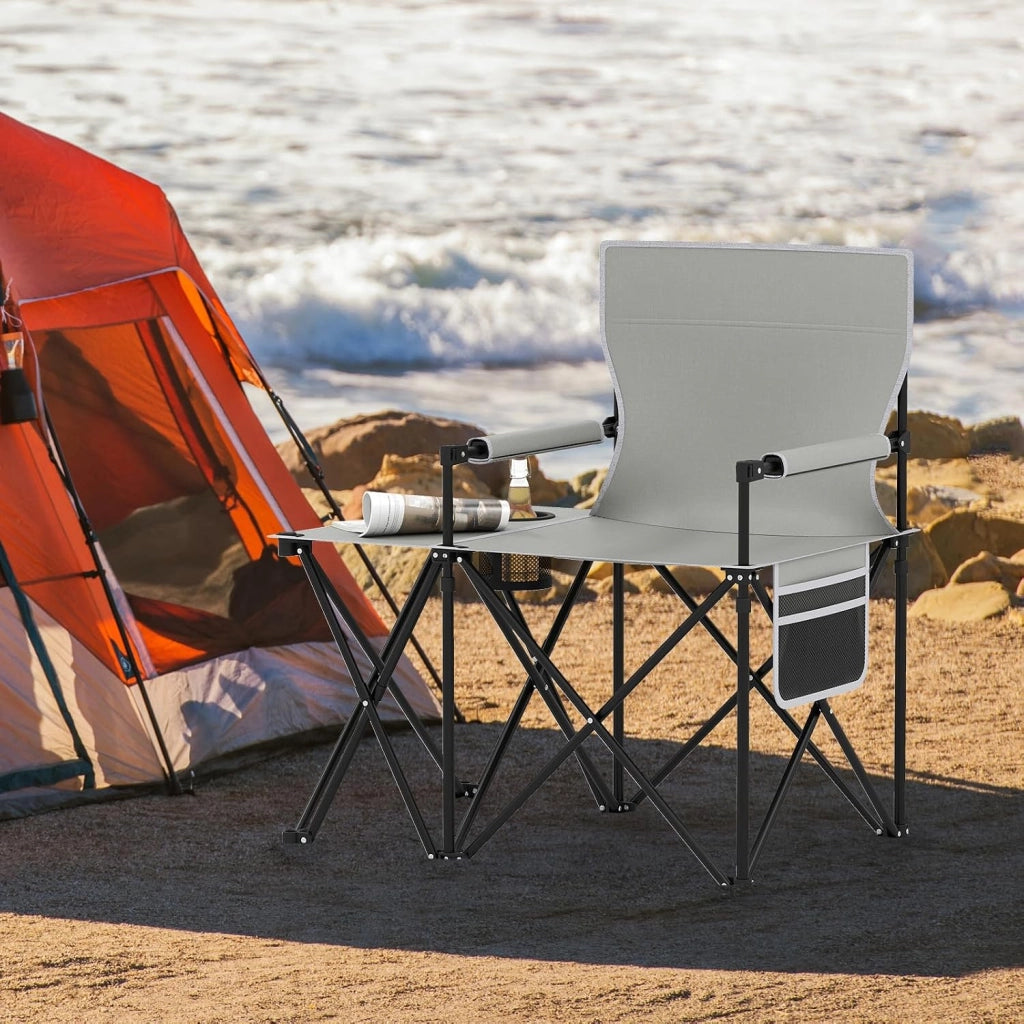 Sedia da Campeggio con Tavolino Laterale, Sedia da Picnic Pieghevole con 2 Tasche, Portabicchieri, Braccioli Imbottiti, Borsa da Trasporto, Portata 150 kg (Grigio)