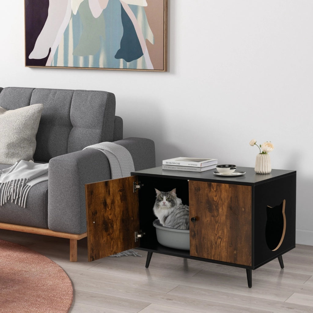 Mobile lettiera per gatti con divisore e 2 ingressi a forma di testa di gatto, Mobile in legno per gatti nascosto-Lettini e divanetti