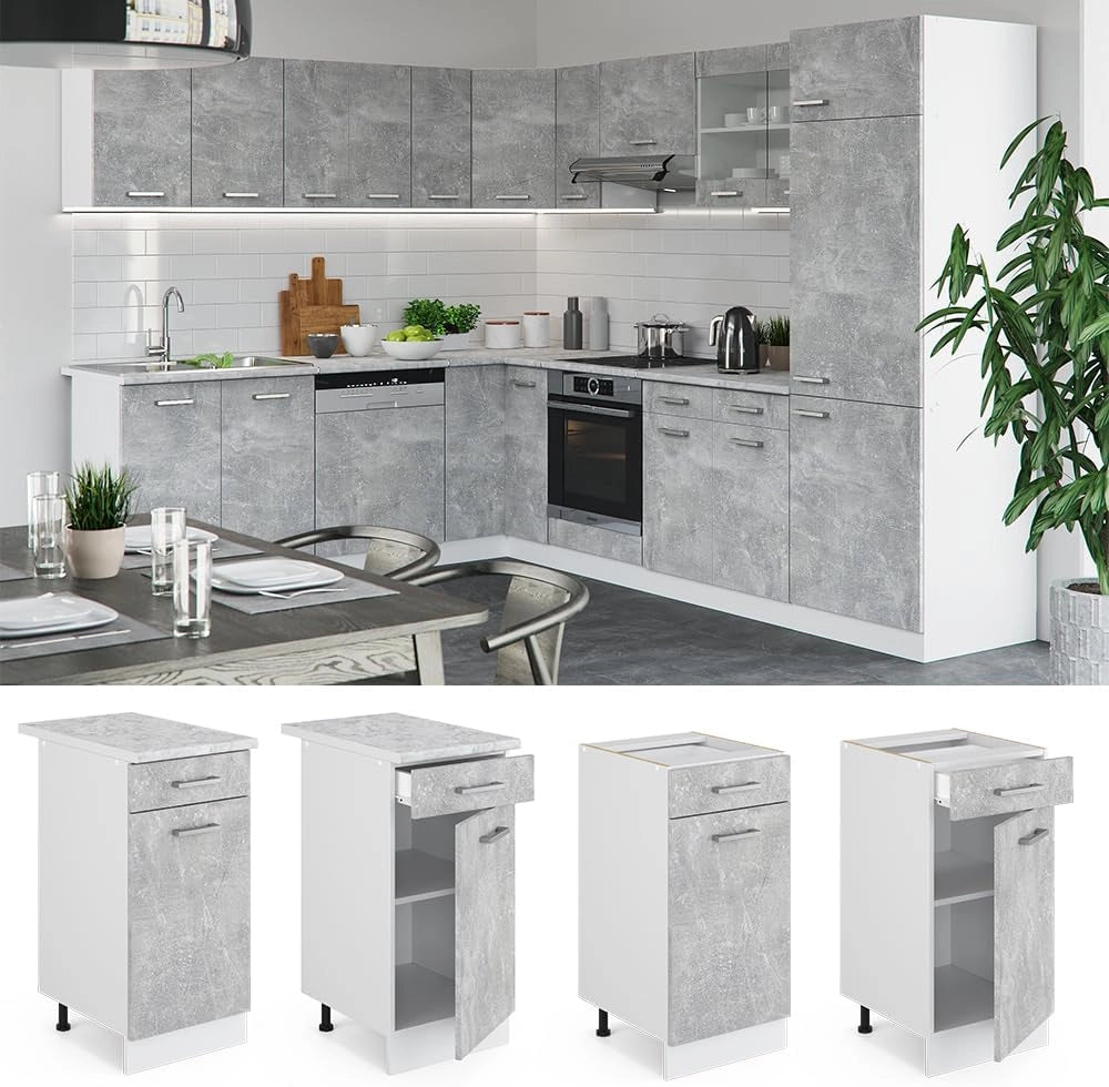 Mobiletto base per cucina R-Line, Calcestruzzo, 40 cm, PL Marmo, per la libera combinazione all'interno di sistemi cucina modulari