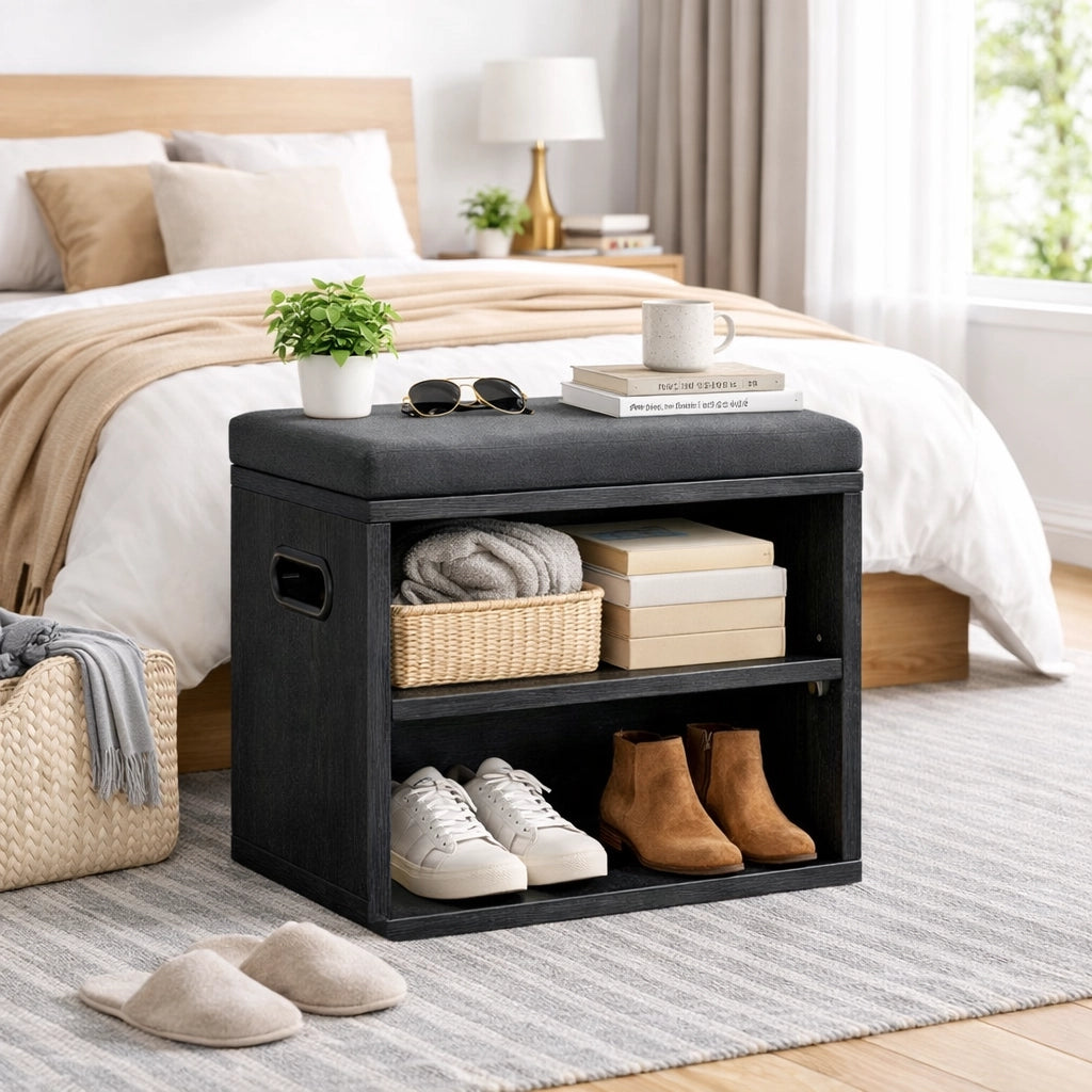 Panca Scarpiera Ingresso con Cuscino Imbottito Salvaspazio 44x30x40cm Nero