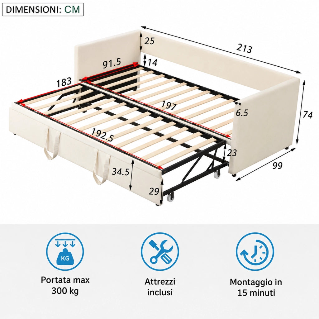 Divano‑letto multifunzione crema in velluto, meccanismo con ruote, montaggio veloce, divano trasformabile per appartamento