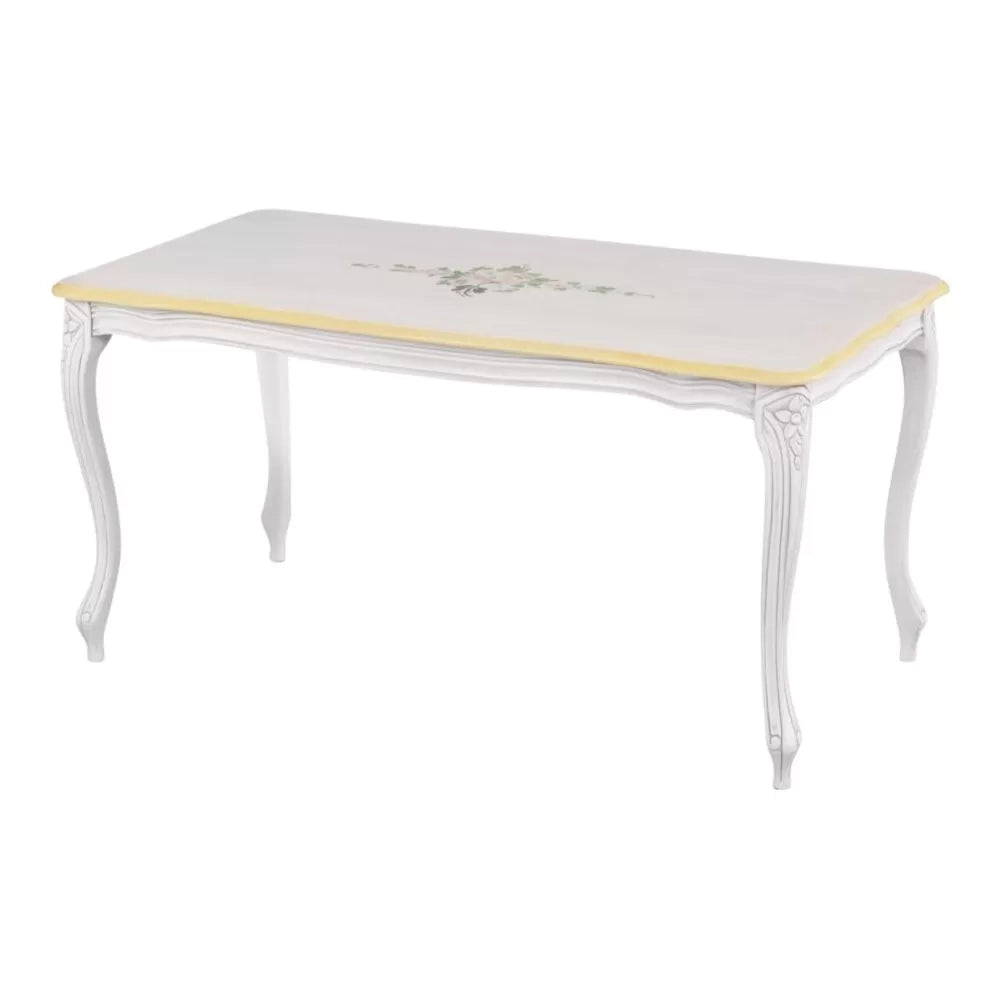 Tavolino shabby legno bianco anticato decorato filo ocra 100x50x50 - Mobili 2G