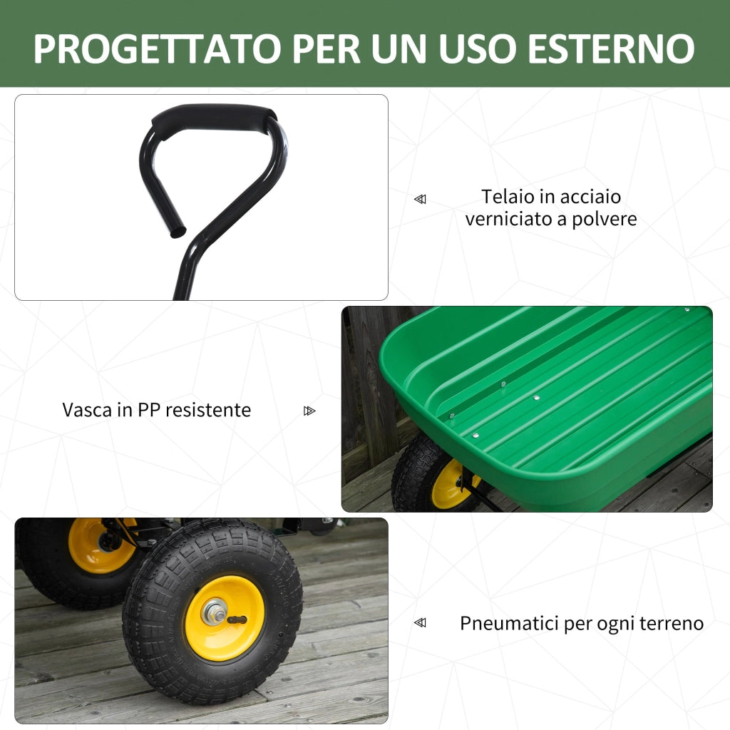 Carrello da Giardino Ribaltabile 4 Ruote 118x58x102 cm 125 Litri Verde
