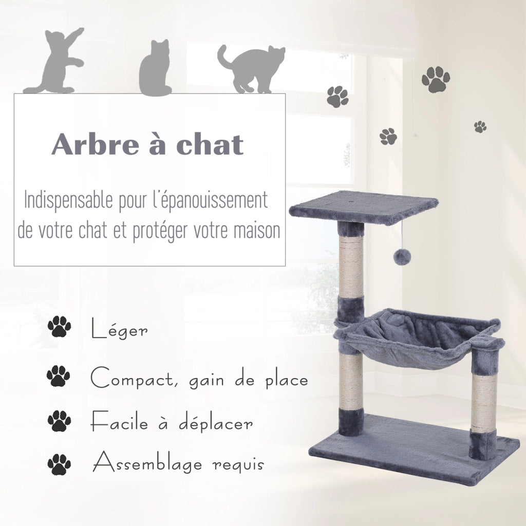 Arbre ¨¤ chat con 3 griffoirs, piattaforma, amaca e palla sospesa ¨C zephmum ¨C grigio 50x36x70 cm