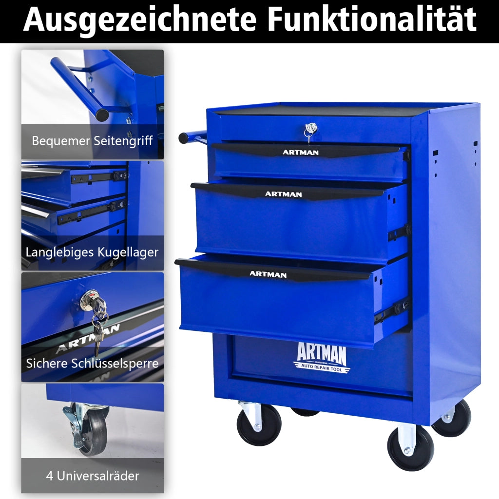 Cassettiera con ruote in acciaio con 4 cassetti e guide a sfere per garage e officina nero blu 60 × 33 × 77,5 cm