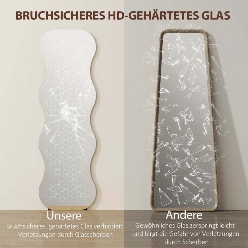 Specchio a figura intera senza cornice, base in legno, posizionabile in modo flessibile, forma ondulata, nero