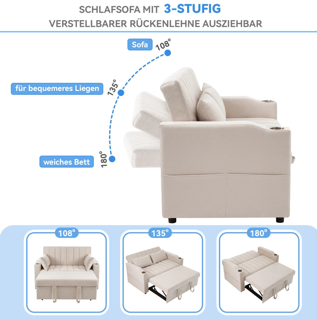Divano letto 2 posti beige con schienale reclinabile e portabicchieri