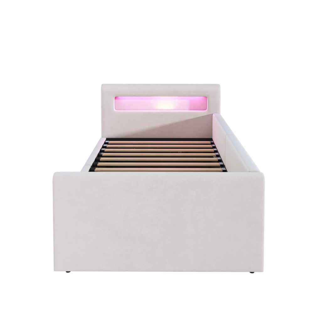 Letto imbottito bambini 90x200 cm con LED; USB e contenitore idraulico; beige