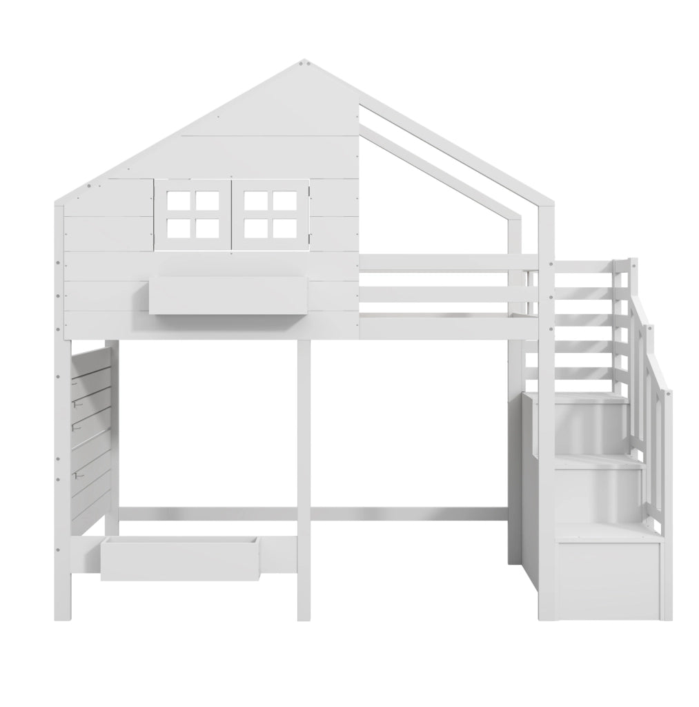 Letto a castello 90x200 cm con scala contenitore e finestra in legno e MDF bianco