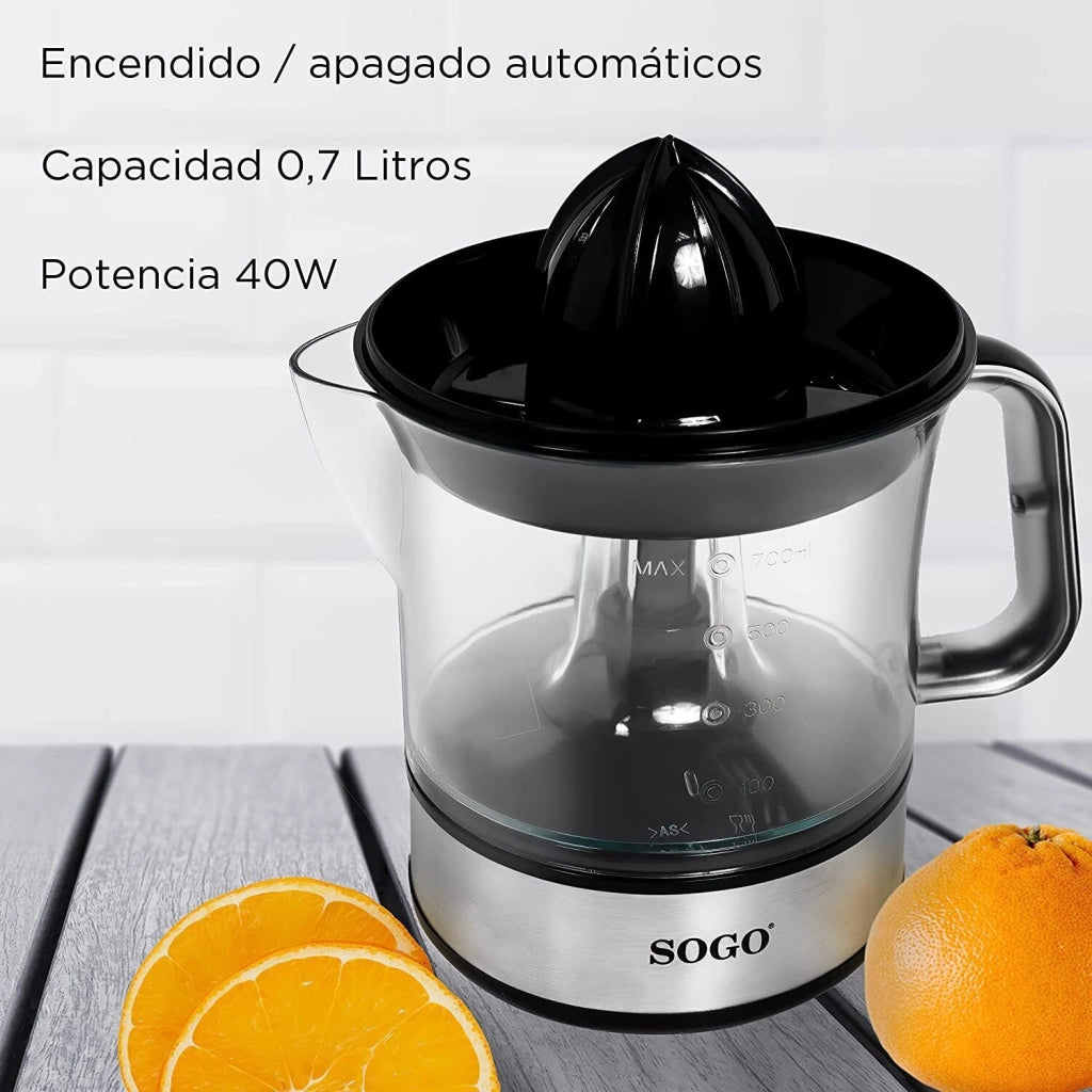 Spremiagrumi elettrico automatico 40W, caraffa trasparente 0,7 litri con coperchio, doppio cono per agrumi - SOGO