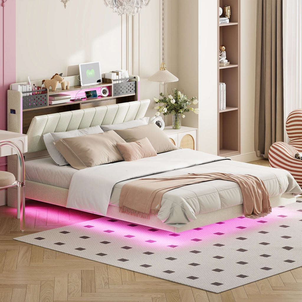 LETTO Imbottito 140x200 cm Beige con LED e porta USB