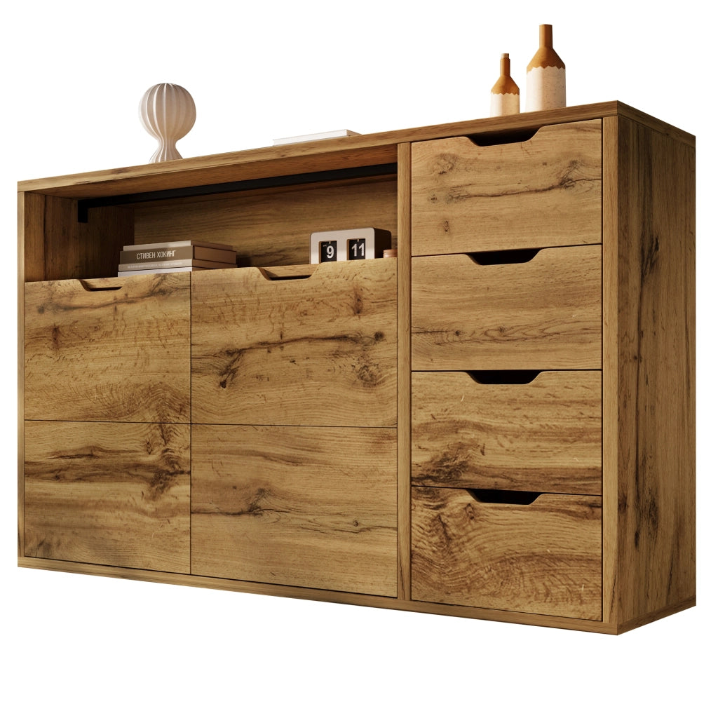 Comò Sideboard 150x40x90 cm in finitura rovere con 2 ante, 4 cassetti e struttura in metallo