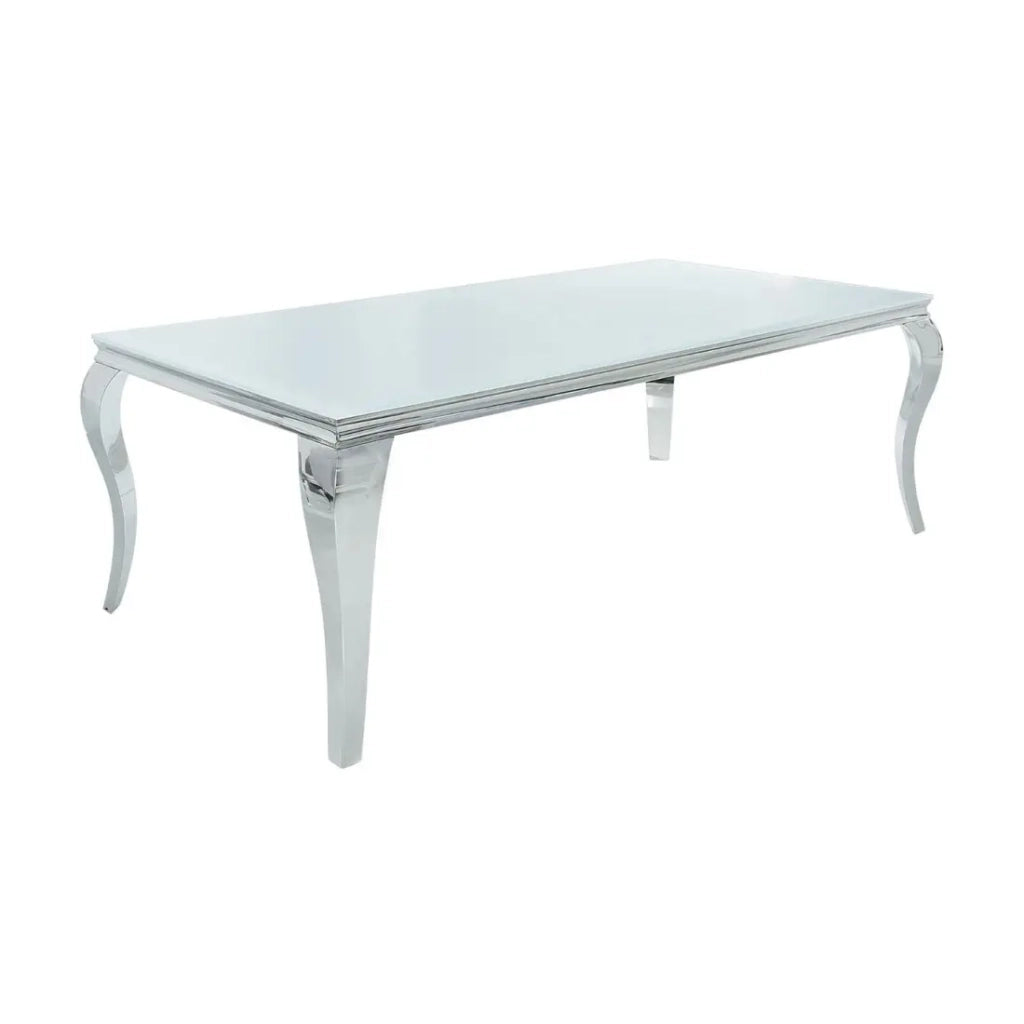 Tavolo da pranzo VELENA – Acciaio argentato e vetro opalino – 200 cm – Stile barocco moderno