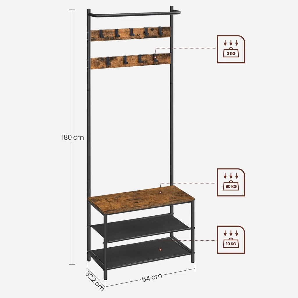 Appendiabiti da ingresso 322 x 64 x 180 cm con panca e ripiano per scarpe 9 ganci rimovibili asta appendiabiti per ingresso/camera da letto stile industriale marrone rustico e nero 12_0006391