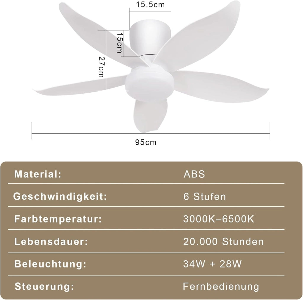 ZMH Ventilatore da Soffitto Illuminazione Silenziosa 5 Pale Bianche Luminosità Regolabile 6 Velocità per Soggiorno