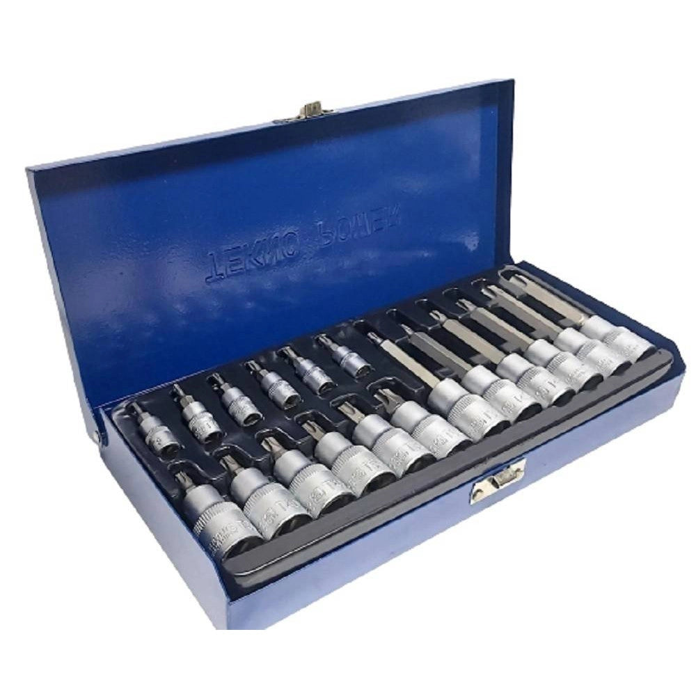 Trade Shop - Kit Set Inserti Chiavi 19 Pezzi Bussole Chiavi Torx Maschi 1/4" 1/2" In Valigia -