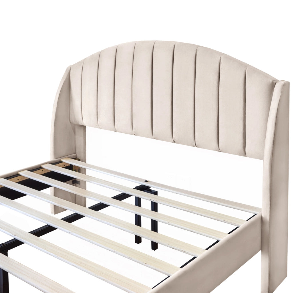 Letto imbottito 140x190 in velluto beige con rete a doghe e testiera