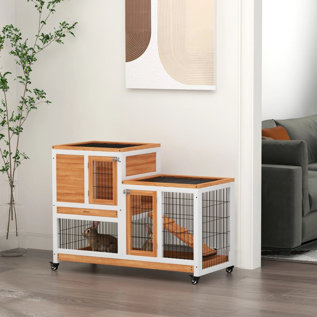Gabbia per Conigli a 2 Livelli in Legno con Ruote, Rampa e Vassoio Estraibile ¨C Minimal ¨C 110x50x88cm Naturale