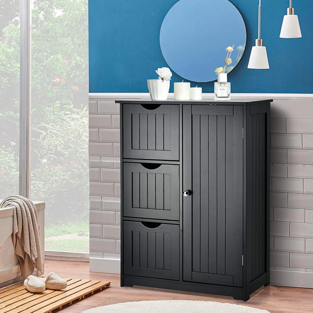 Mobile da Bagno, Mobile da Terra con 3 Cassetti e Anta, Ripiano Regolabile, per Bagno, Camera da Letto, Salotto, Cucina, 60x 30x 81cm (Nero)