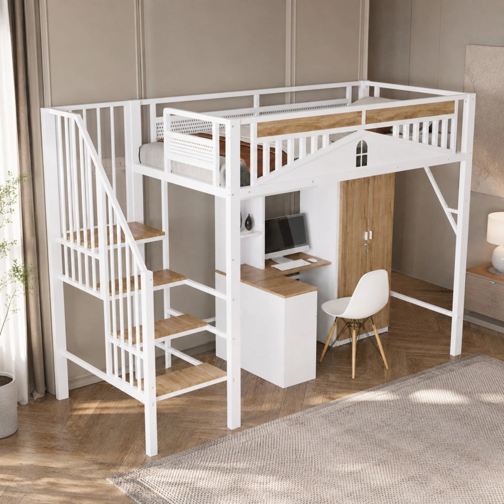 Letto a soppalco in metallo 90 x 200 cm, bianco, con scala laterale, parapetto di sicurezza e spazio contenitore
