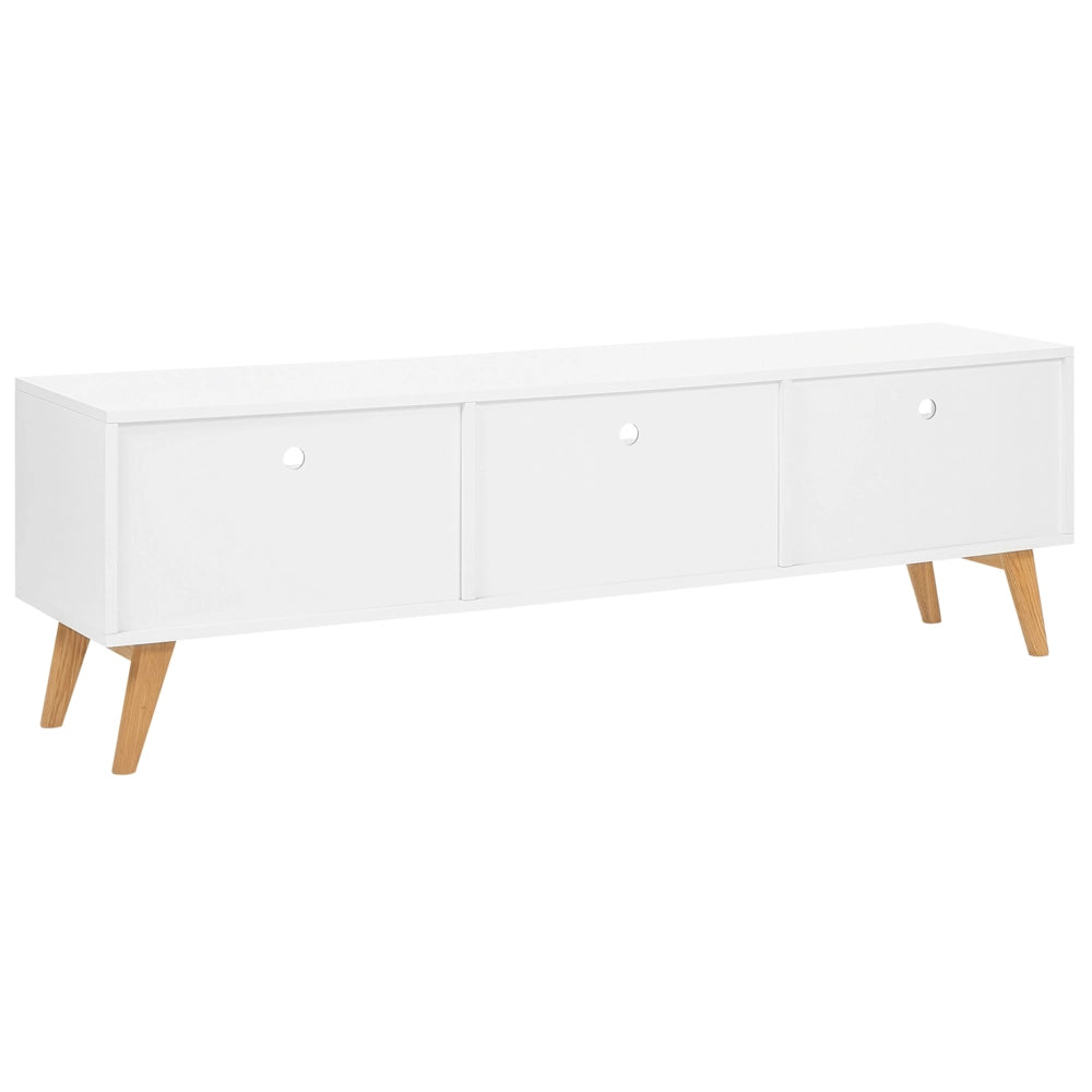 Mobile TV bianco con legno chiaro 55 x 180 x 40 cm con ripiani e cassetti
