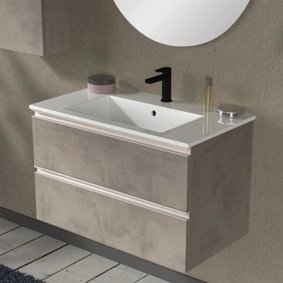 Mobile bagno sospeso 80 cm grigio cemento con lavabo e specchio tondo Master