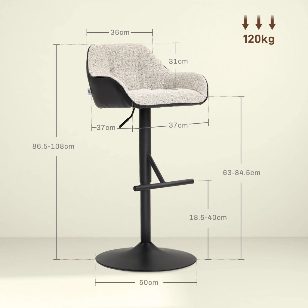 Set 2 Sgabelli Girevoli Imbottiti ad Altezza Regolabile con Schienale 52,5x53x86,5-108 cm Nero e Grigio Chiaro