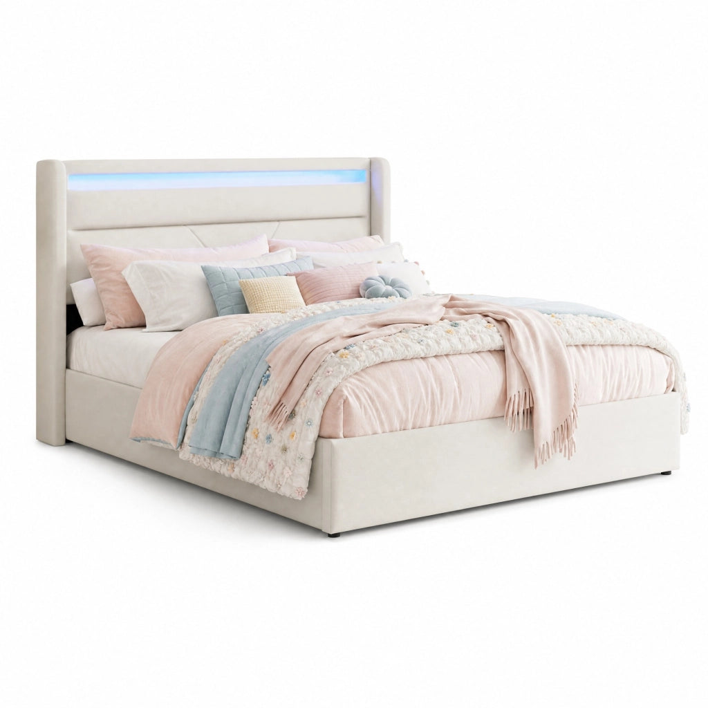 Letto contenitore imbottito 160x200 cm con LED e telecomando, struttura in PU bianco, con rete ribaltabile