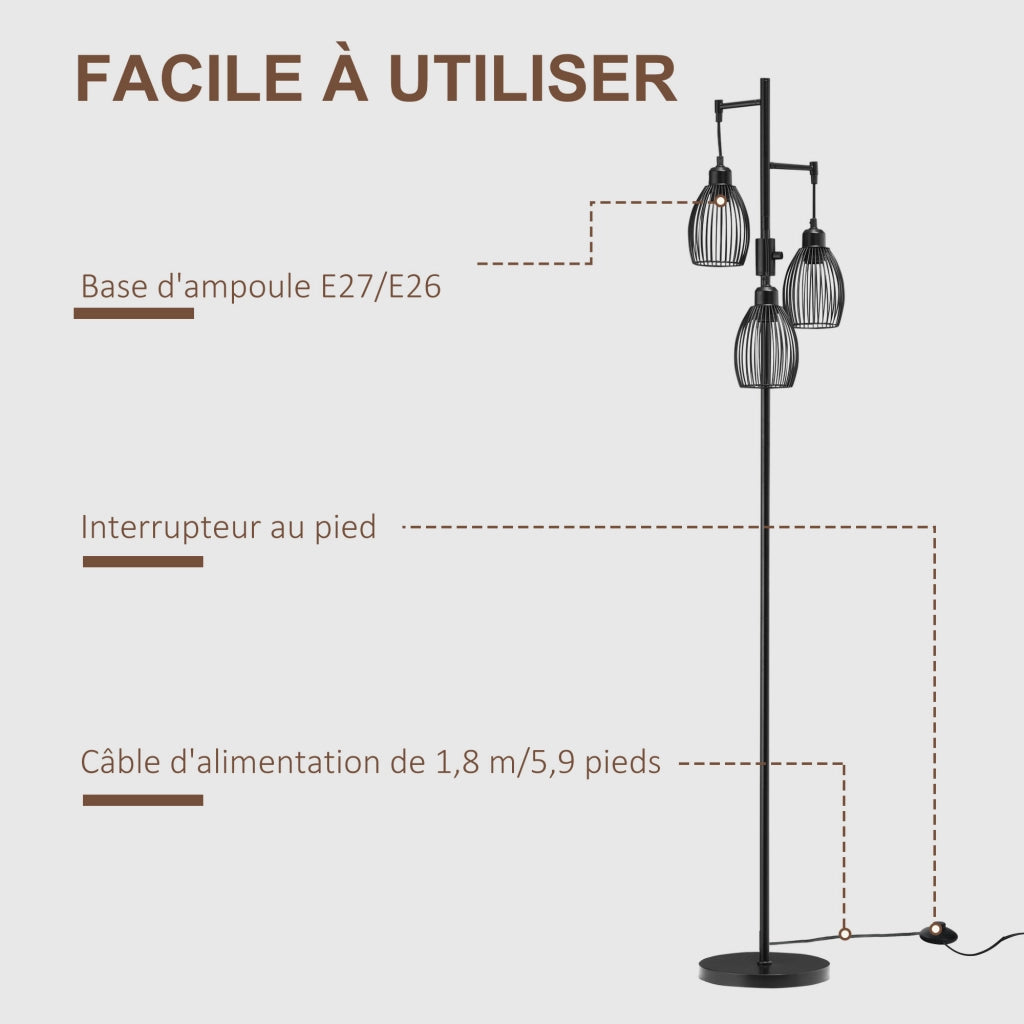 Lampada da Terra Industriale ¨C Xylo ¨C 3 Paralumi Metallo Nero E27 40W