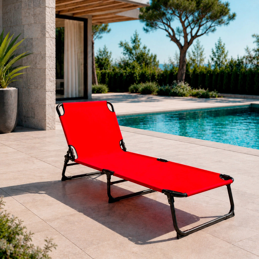 Lettino Sdraio Pieghevole Prendisole Con Schienale Reclinabile Regolabile Telaio In Metallo Nero Per Mare Piscina Giardino 187 x 53 x 24 Cm Rosso