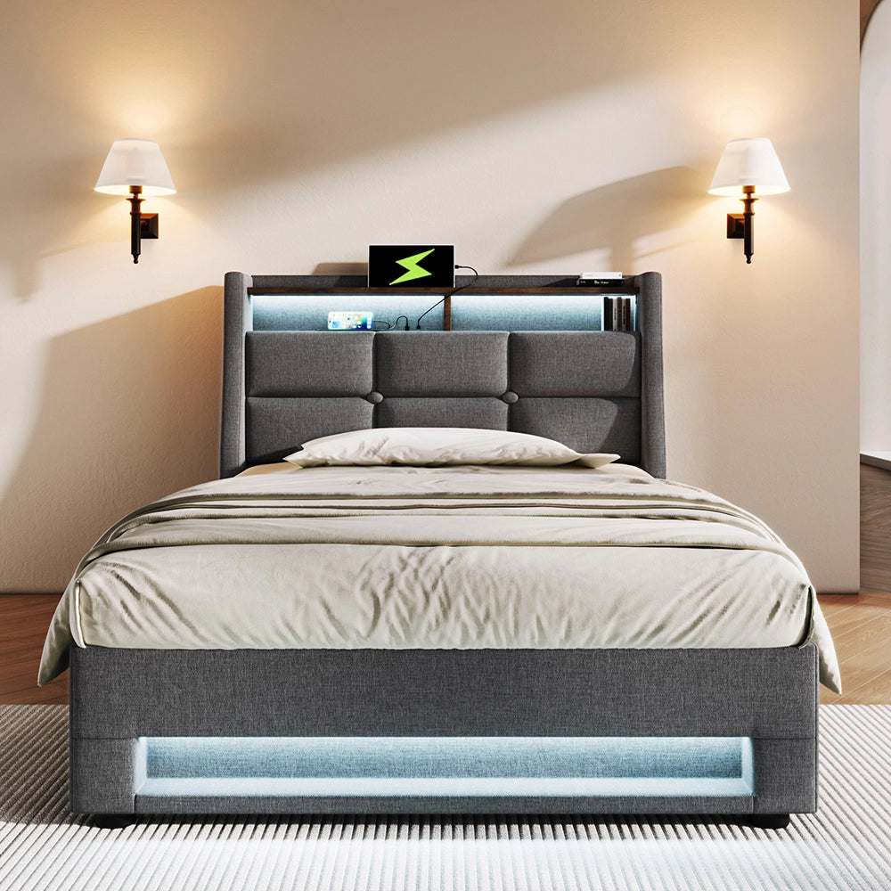 Letto a cassone imbottito - Xylo - 90x200 cm - Grigio - USB, LED, sommier a doghe metalliche