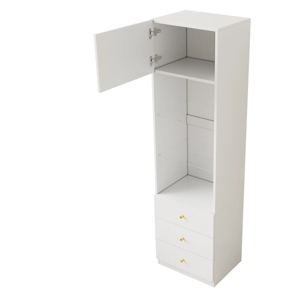Set di 2 vetrine 50x40x180 cm con cassetti e ripiani in vetro, in MDF bianco